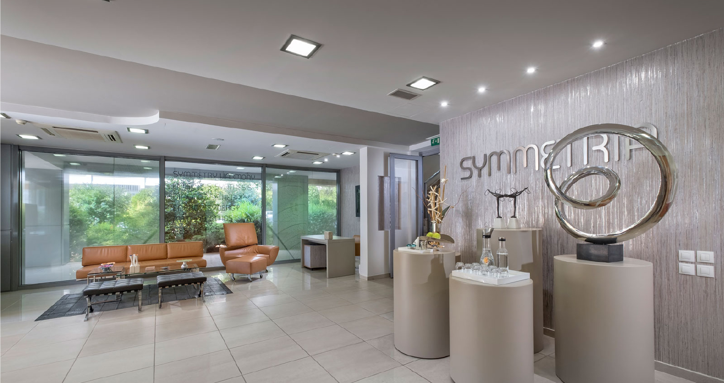 The beautiful reception room of the SYMMETRIA clinic in Athens, Greece BEAUTY