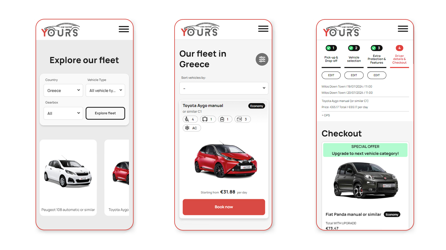 Various depictions of the website on a mobile screen CAR RENTAL WEBSITE