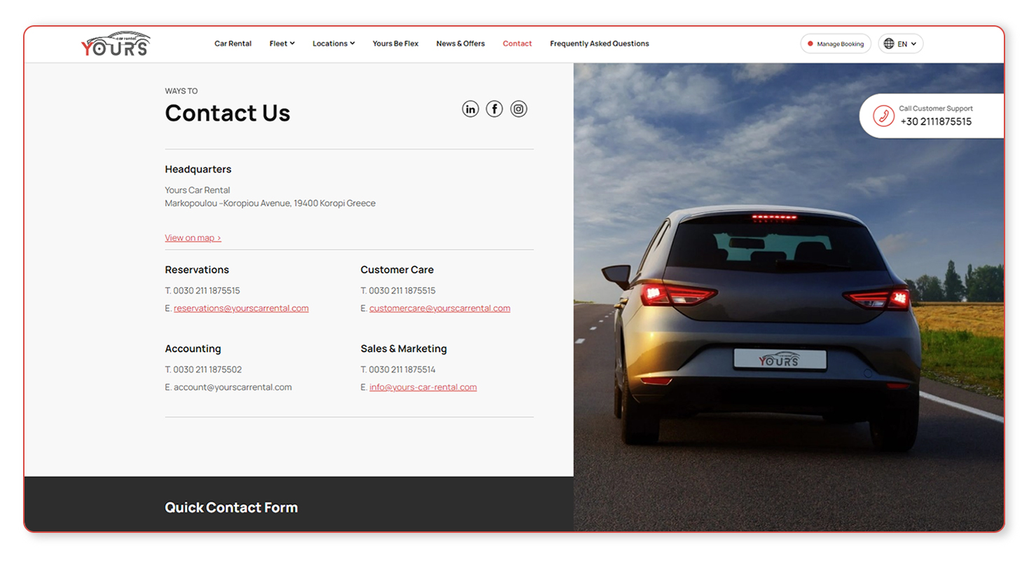 The contact page CAR RENTAL WEBSITE