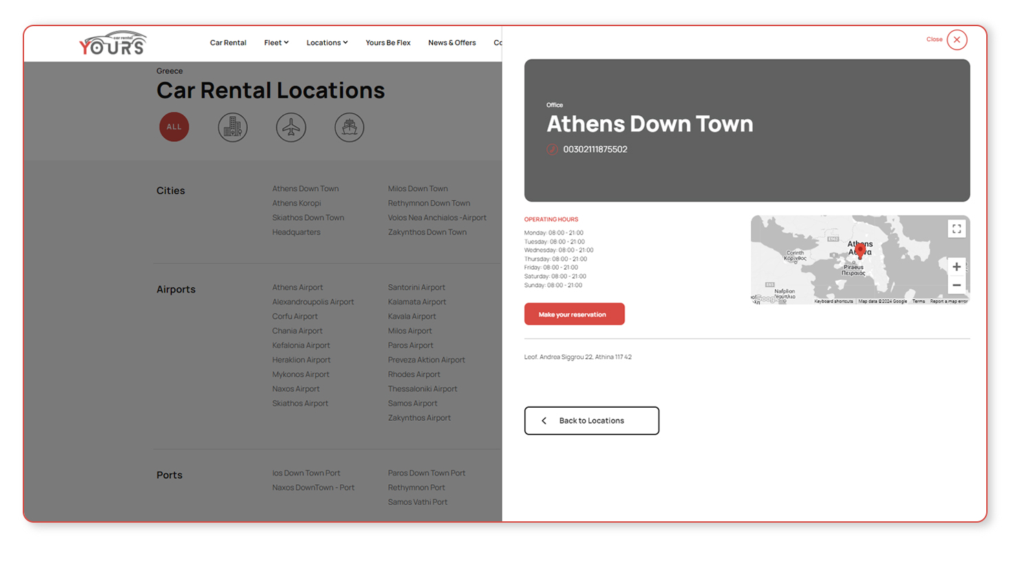 The inner page of car rental locations CAR RENTAL WEBSITE